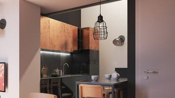 Een koelkast, een microgolfoven, een koffiezetapparaat/waterkoker