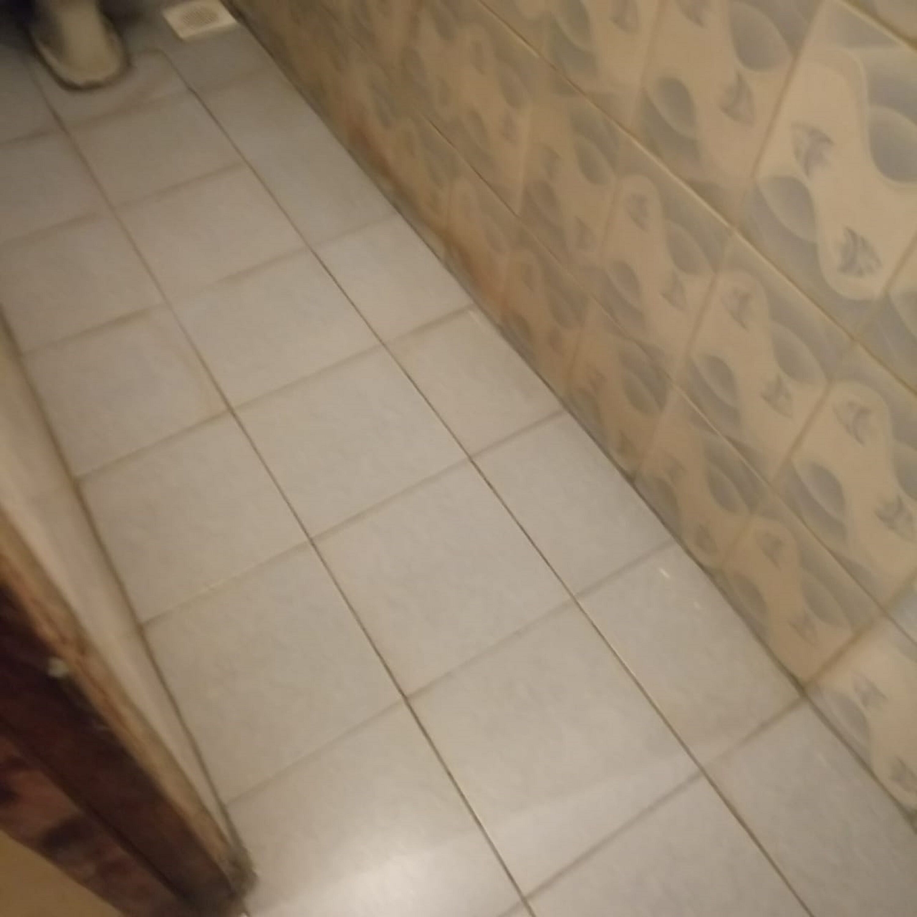 Ein gefliesteter Boden mit einer gemusterten Wand.