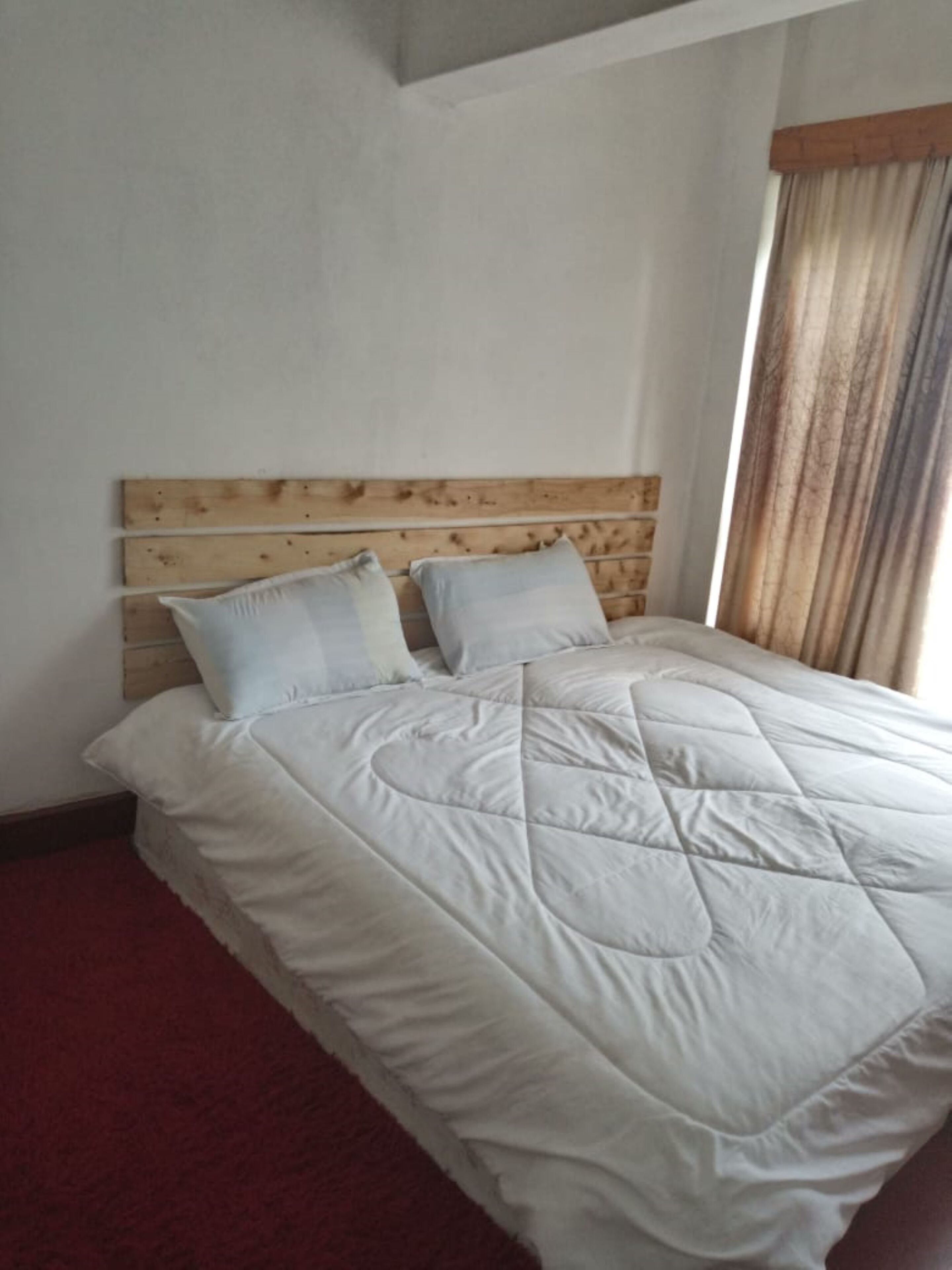 A bed with a wooden headboard, two pillows, and a red carpet.