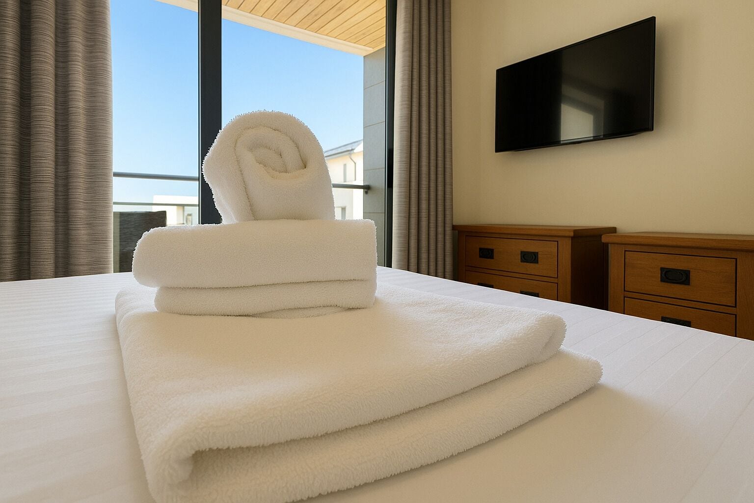 A neatly made bed with folded white towels and a flat-screen TV on the wall.
