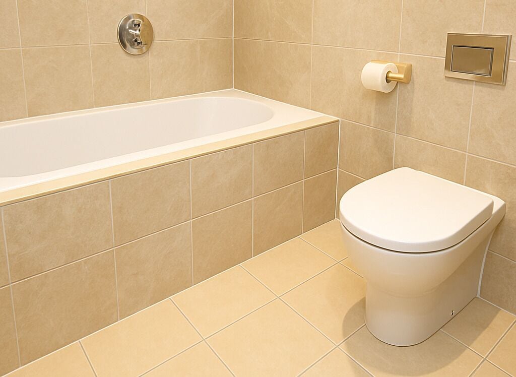 A bathroom with a bathtub, toilet, and a wall-mounted flush handle.
