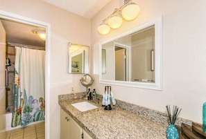 Hair dryer, towels, soap, shampoo