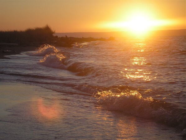 Un coucher de soleil sur une plage, avec des vagues.