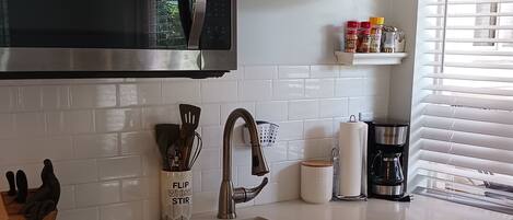 Fridge, microwave, coffee/tea maker, electric kettle