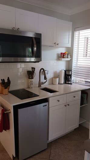 Fridge, microwave, coffee/tea maker, electric kettle