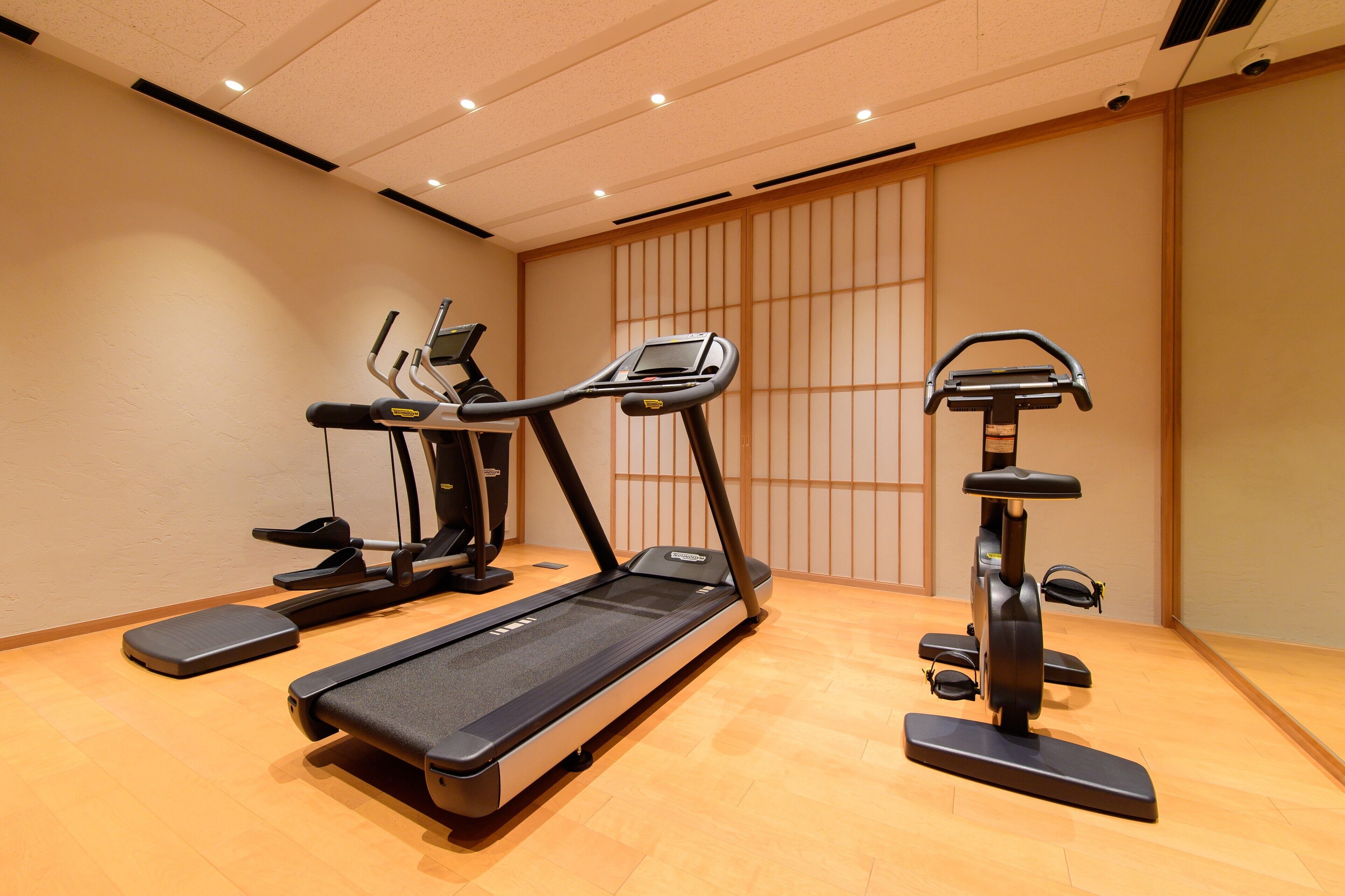 A gym with treadmills, a stationary bike, and a rowing machine.