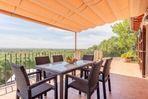 Outdoor dining - Mediterranean Finca "Es Puch" with Mountain view, Balcony, Garden, Terrace & Pool (BUGER)