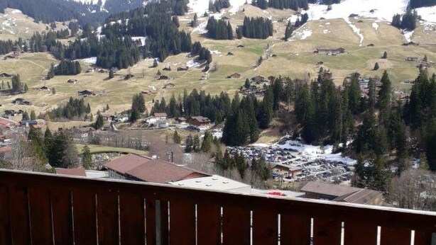 A balcony with a table, a chair, and a bottle of water. - Adlerhorst by Interhome (Adelboden)