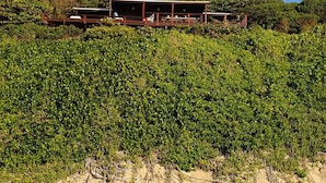 Un edificio frente a la playa con un porche techado, rodeado de abundante vegetación y arena.