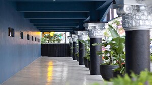 A corridor with a blue wall, columns with decorative capitals, and potted plants.