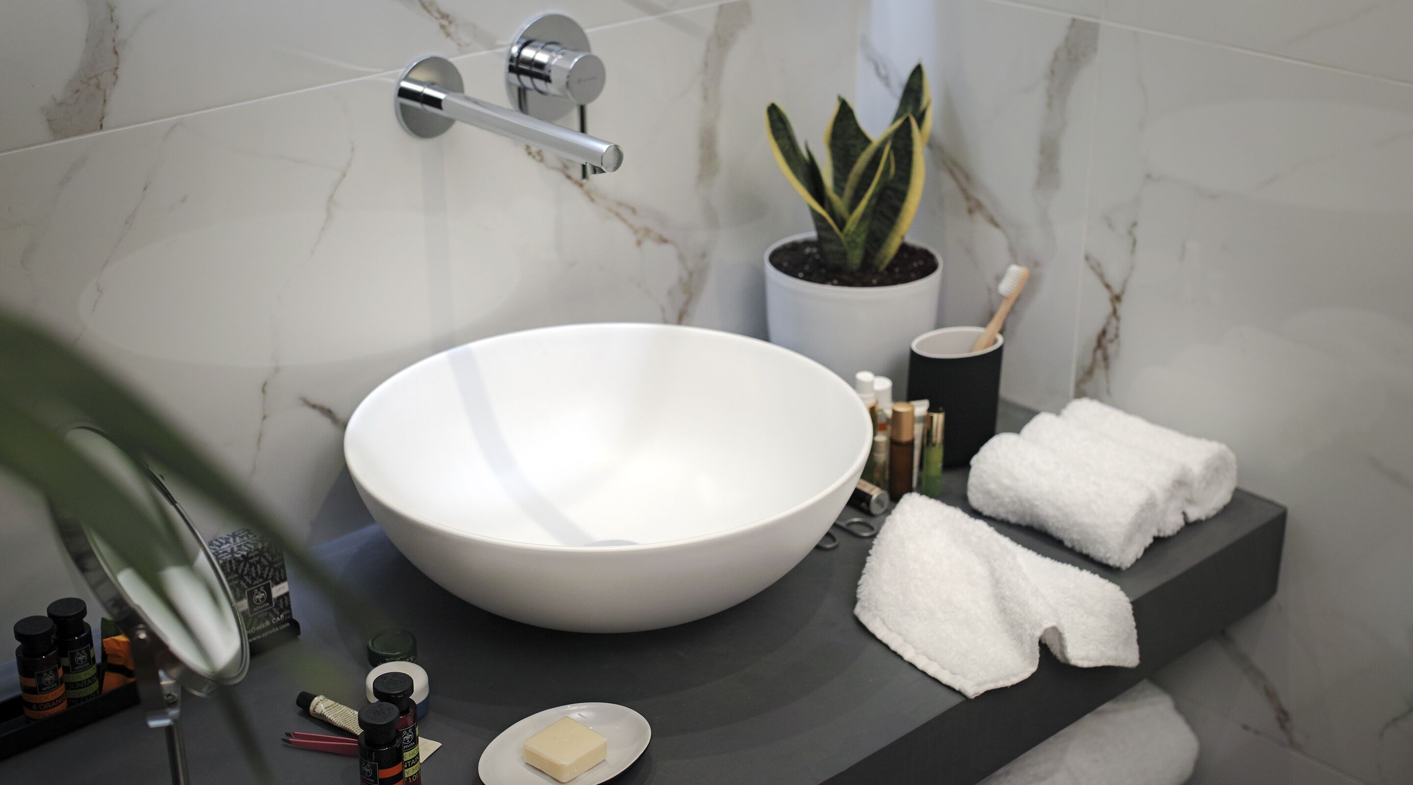 deluxe terrace room | bathroom | designer toiletries, hair dryer, bathrobes, towels