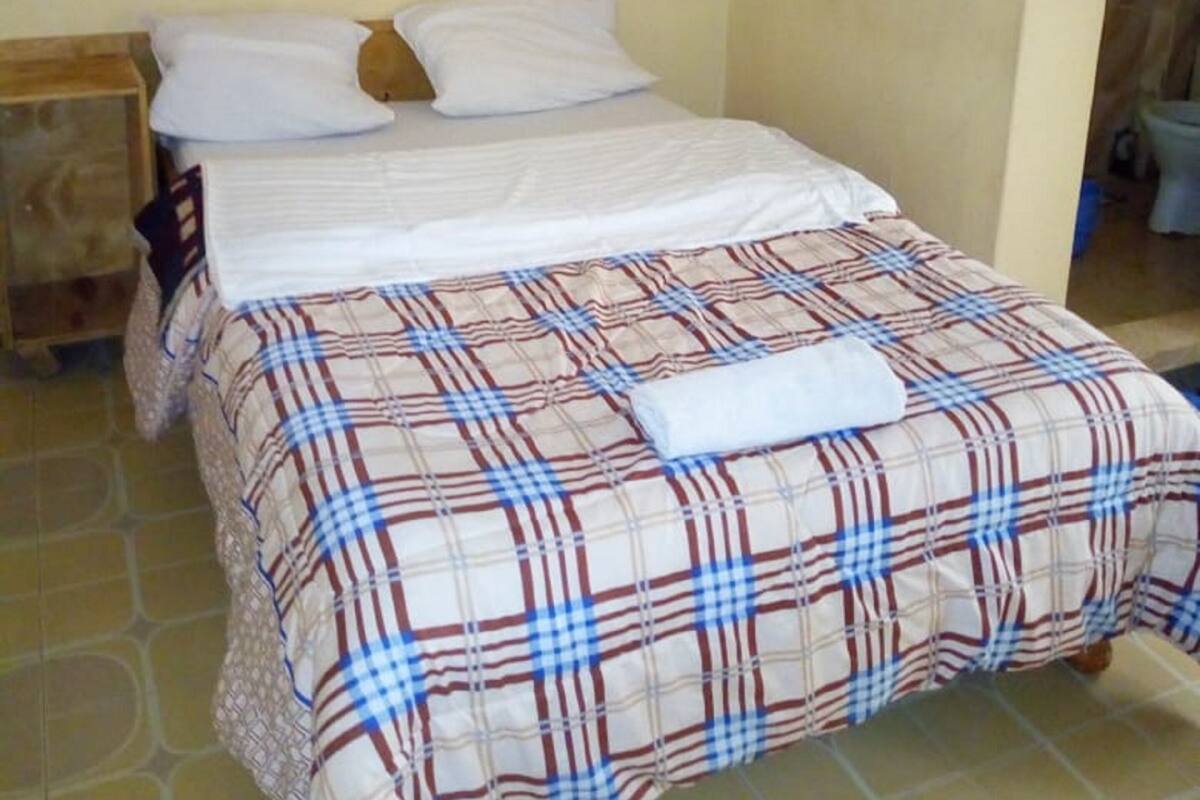 A single bed with a plaid bedspread, two pillows, and a wooden nightstand with a lamp.