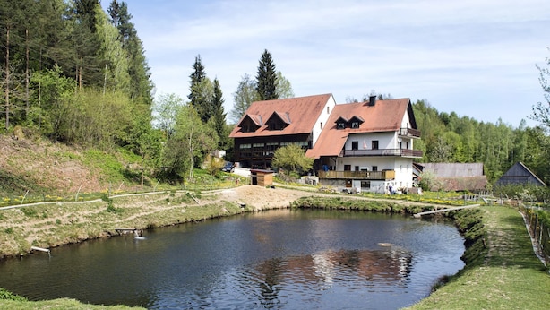 En fastighet vid floden med ett hus, en liten brygga och en gräsyta.