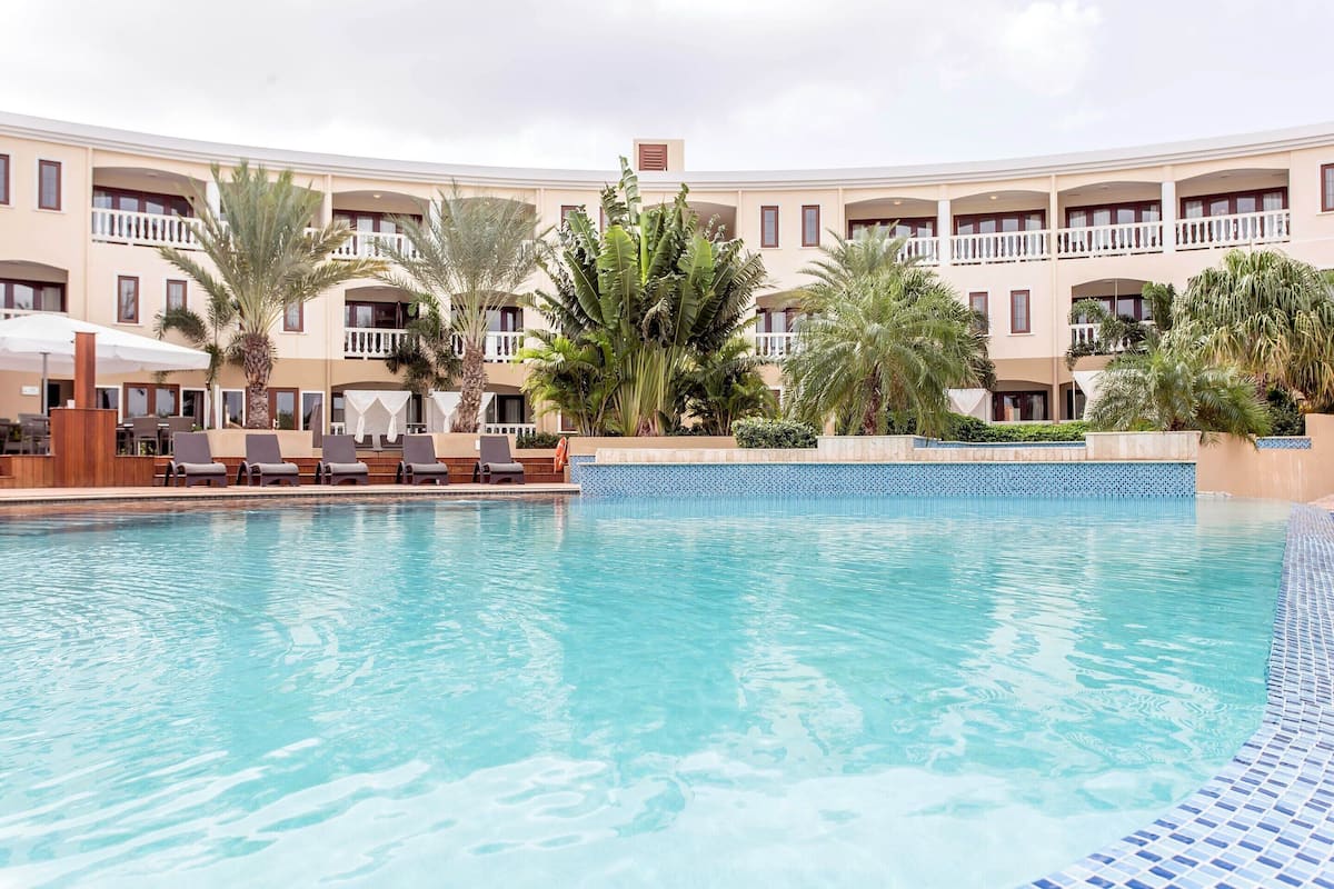 A hotel pool area with lounge chairs and palm trees.