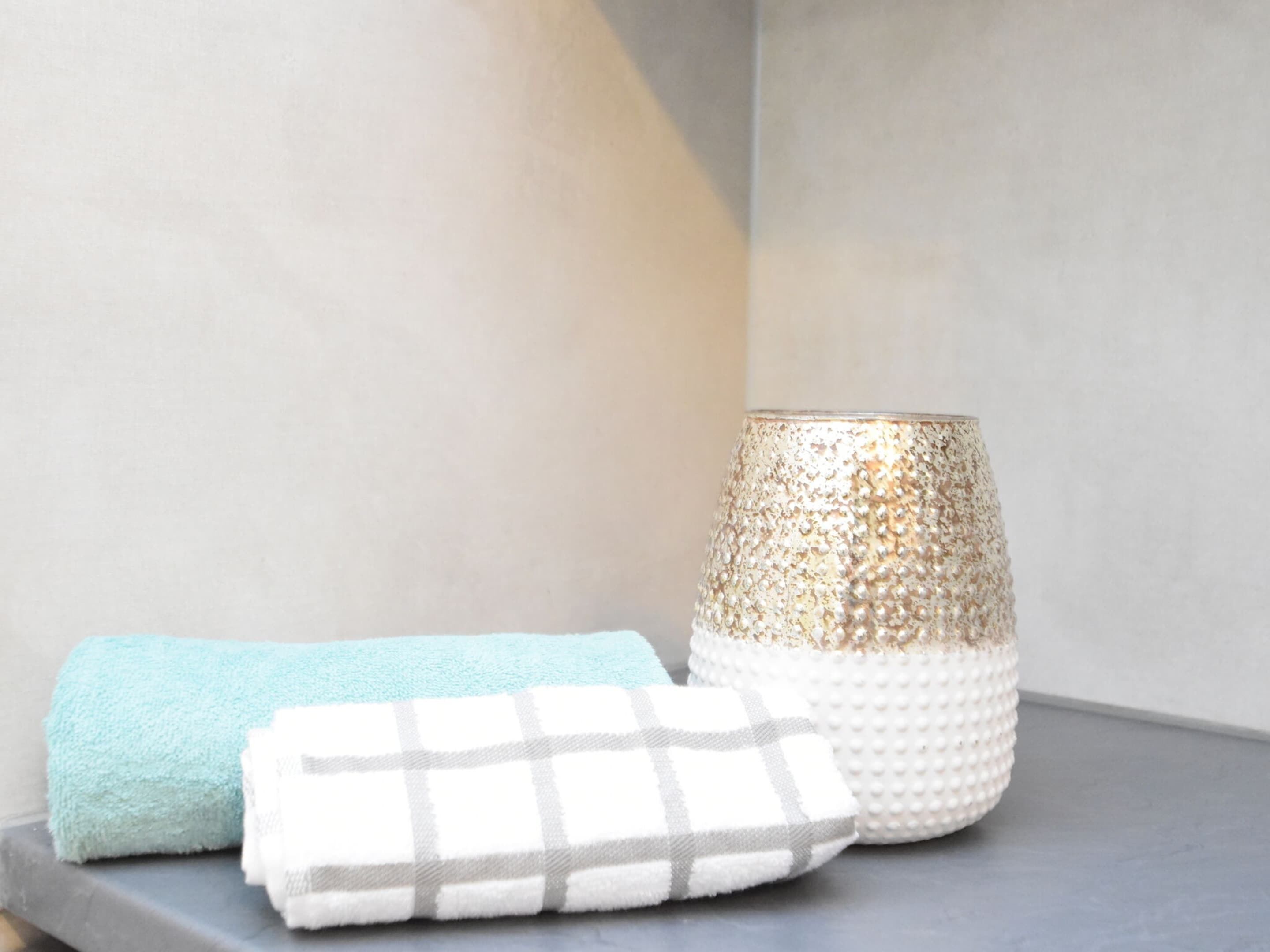 Une salle de bain avec un porte-serviettes sur lequel sont posées une serviette bleue et une serviette blanche à carreaux.