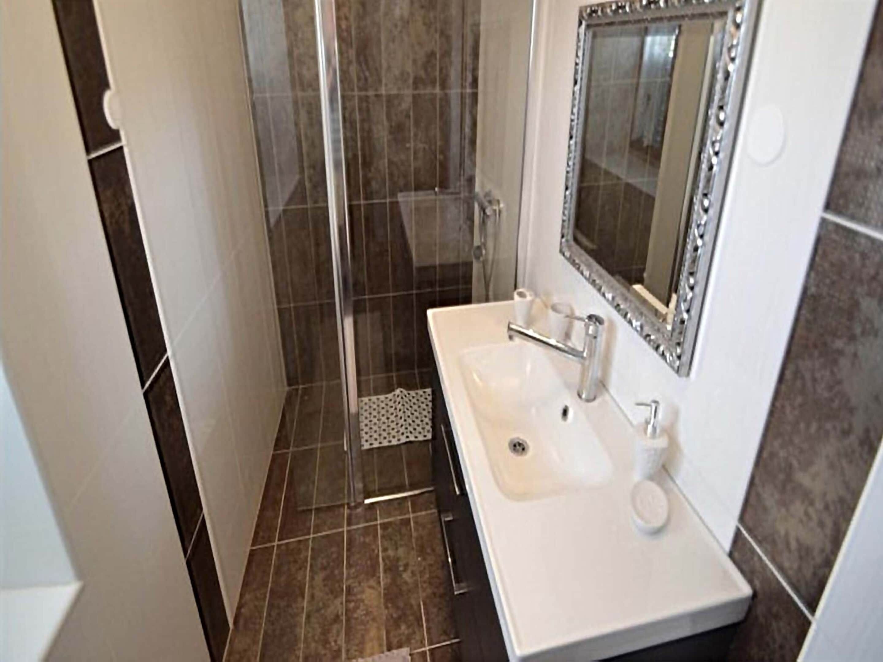 Une petite salle de bain avec un lavabo blanc, un miroir et un espace douche.