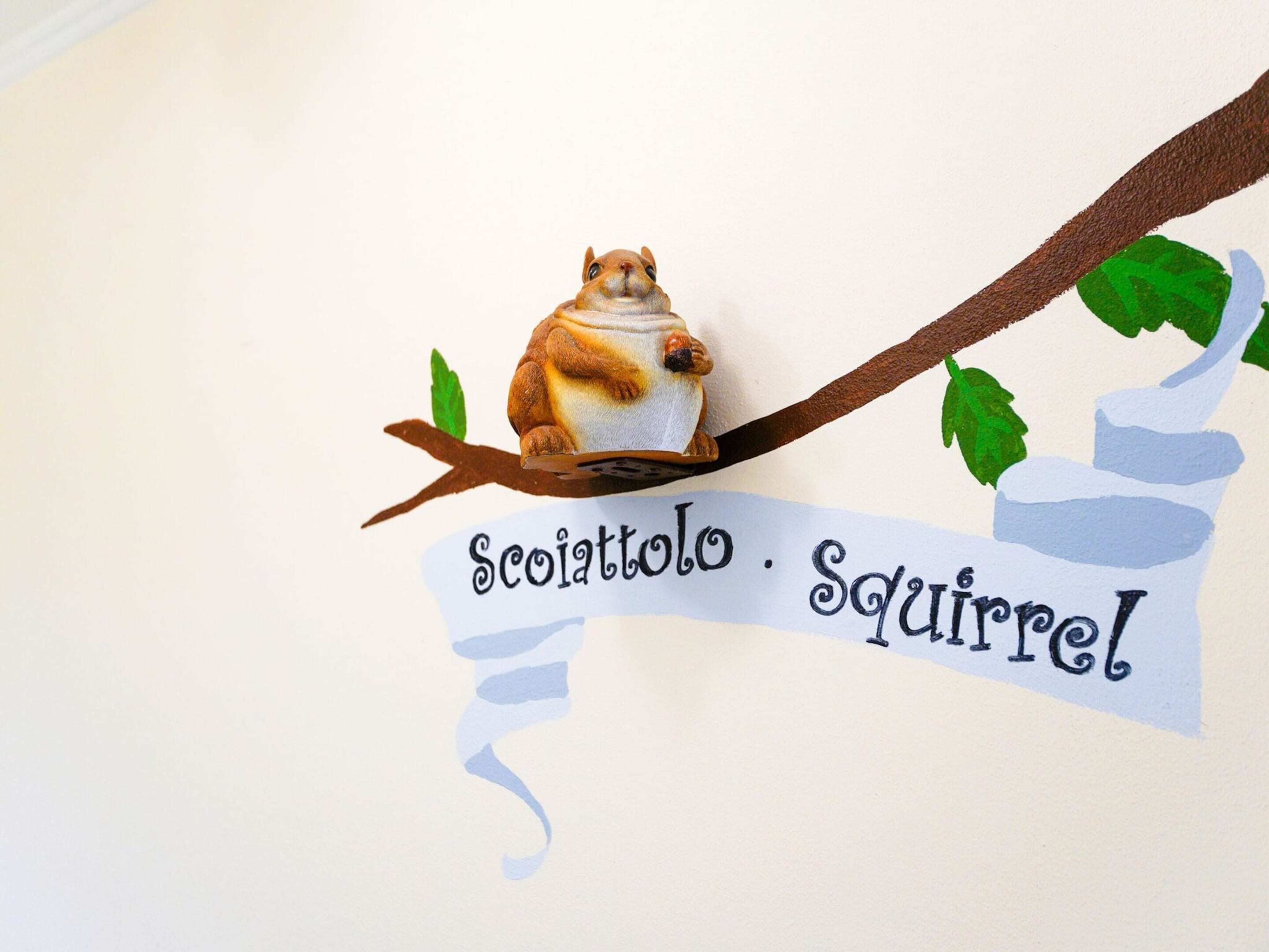 A squirrel figurine on a branch with a banner reading "Sociatolo. Squirrel".