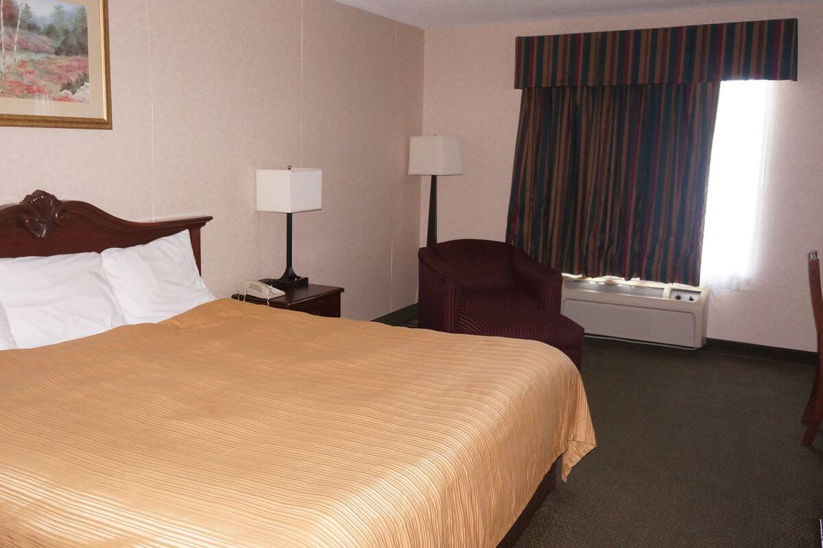 A hotel room with a large bed, a desk with a lamp, a chair, a radiator, and a window with curtains.