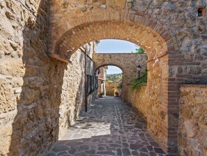 A narrow stone pathway with an arched brick bridge, flanked by stone walls and potted plants. - Holiday Home in Volterra Near Piazza dei Priori (Volterra)