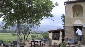 Un espace extérieur aménagé dans un style rustique, avec une table et des bancs en pierre, un grand arbre et un bâtiment en pierre doté d’une cheminée.