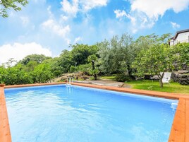 Una piscina rectangular con borde de madera, rodeada de exuberante follaje y árboles.