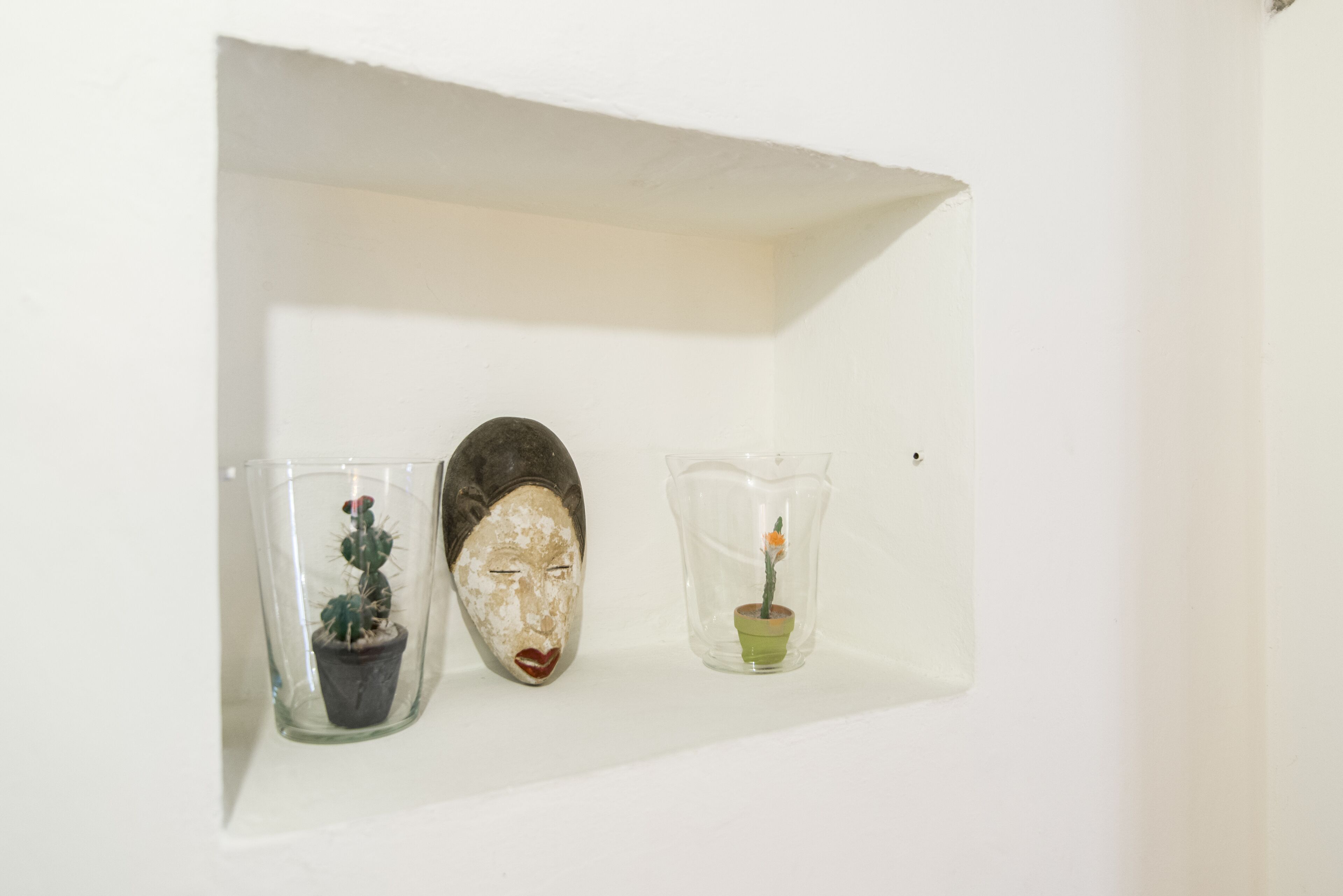 Une étagère blanche sur laquelle sont posés trois vases en verre contenant des plantes.