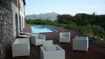 Seasonal outdoor pool, sun loungers