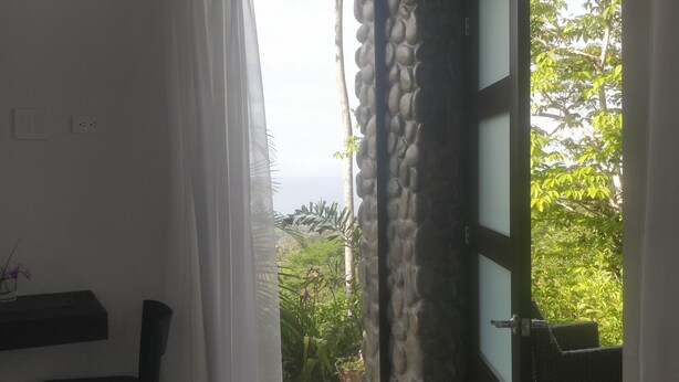 A room with a view of greenery and a stone wall.