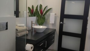A modern bathroom with a white toilet, a black vanity with a white sink, a mirror, and a door with frosted glass panels.