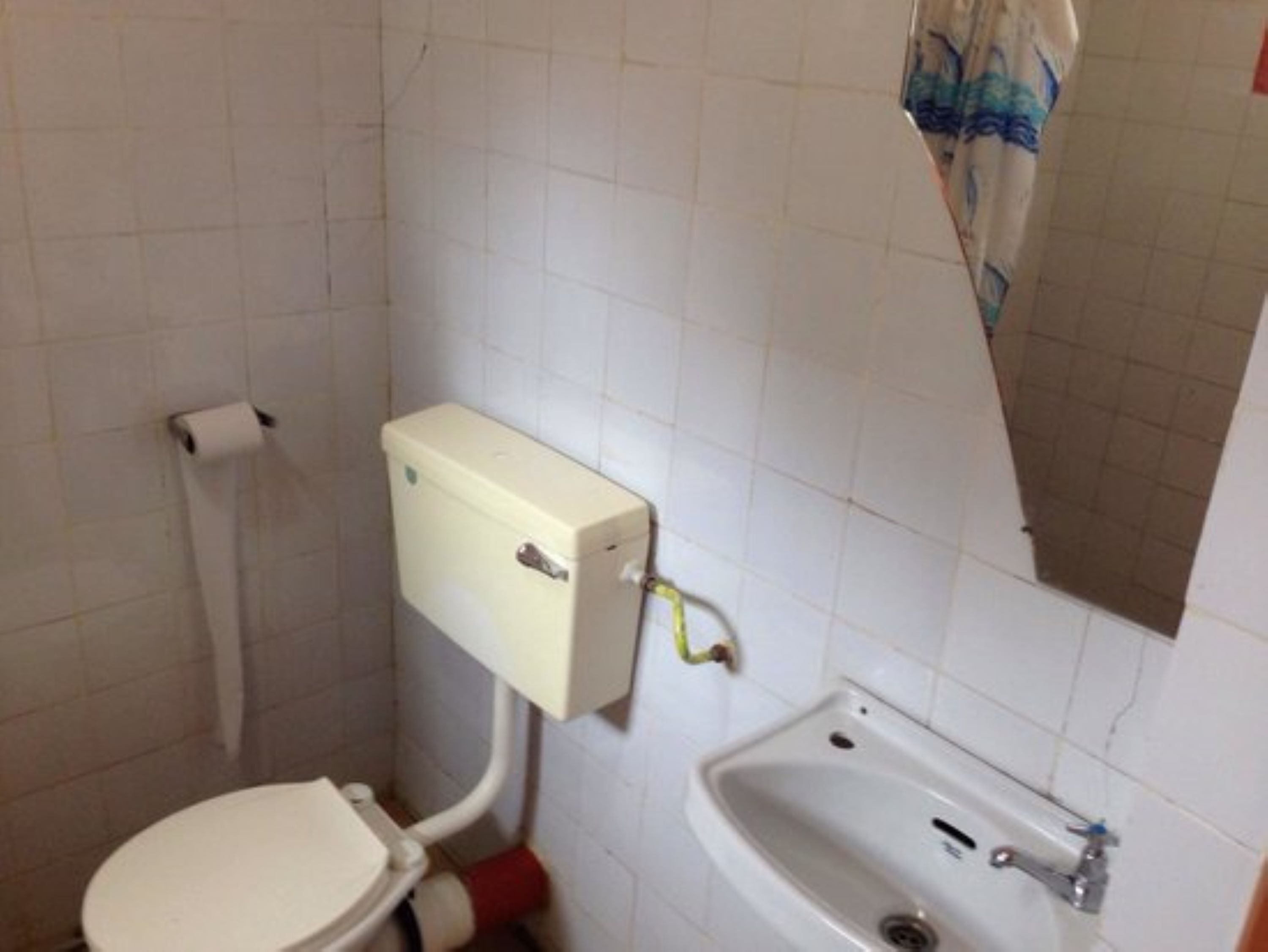 A small bathroom with a toilet, a white sink, and a toilet paper holder.