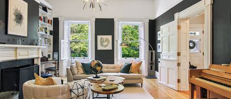 TV, fireplace, books