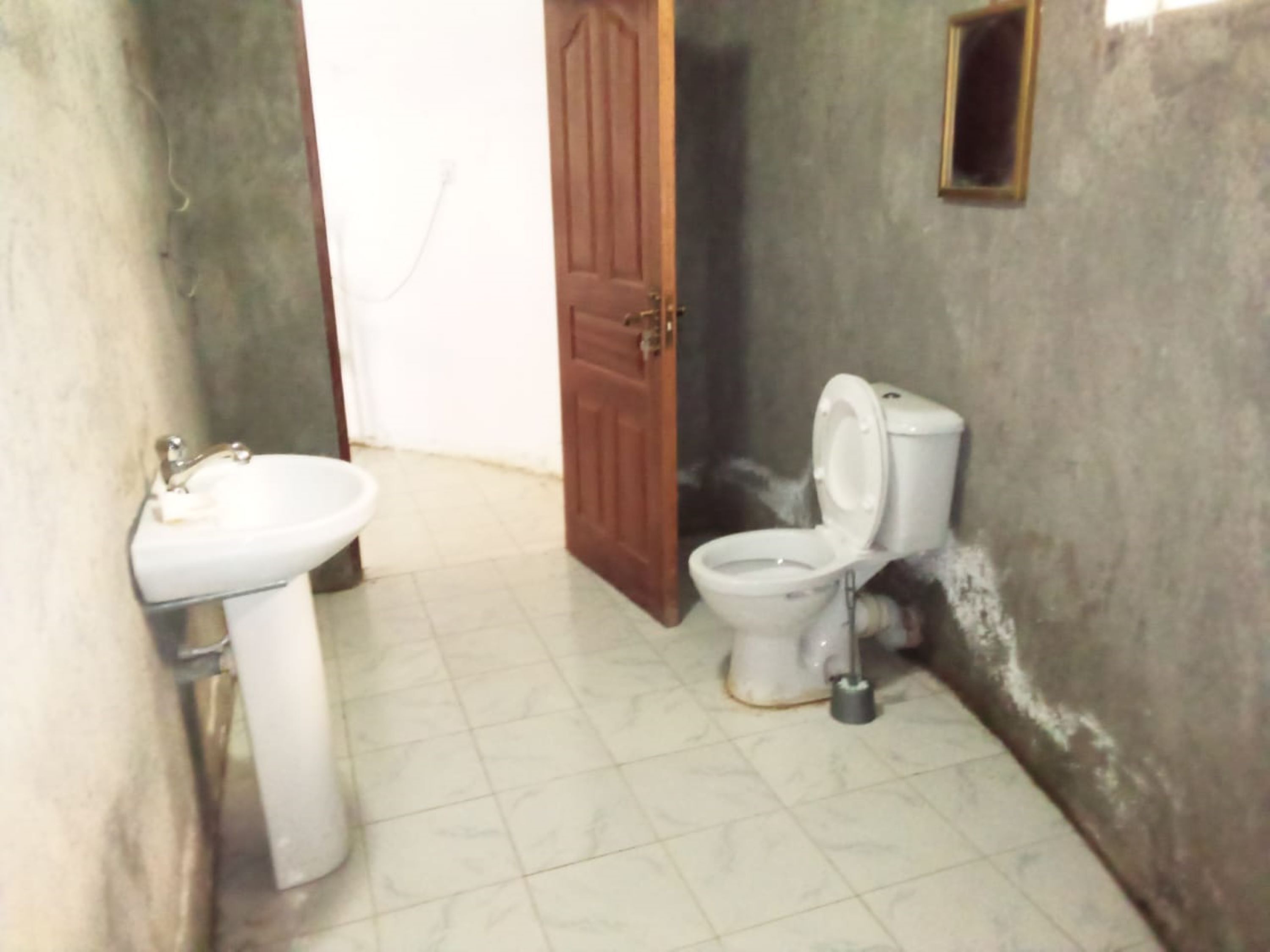 A small bathroom with a toilet, sink, and a wooden door.