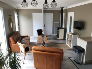 Smart TV, fireplace, books