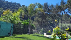 A well-maintained grassy area with a fenced section, trees, and a clear blue sky.