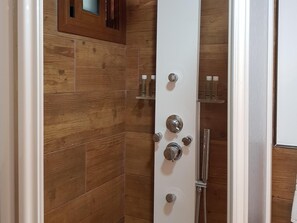 Shower, hair dryer, towels