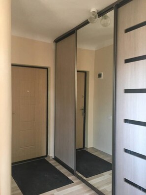 Enter a serene hallway with a wooden door and mirrored closet, set against a neutral backdrop.