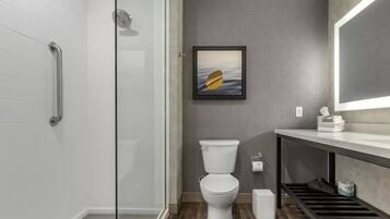 A modern bathroom with a glass shower enclosure, a white toilet, a grey textured wall, and a framed picture.