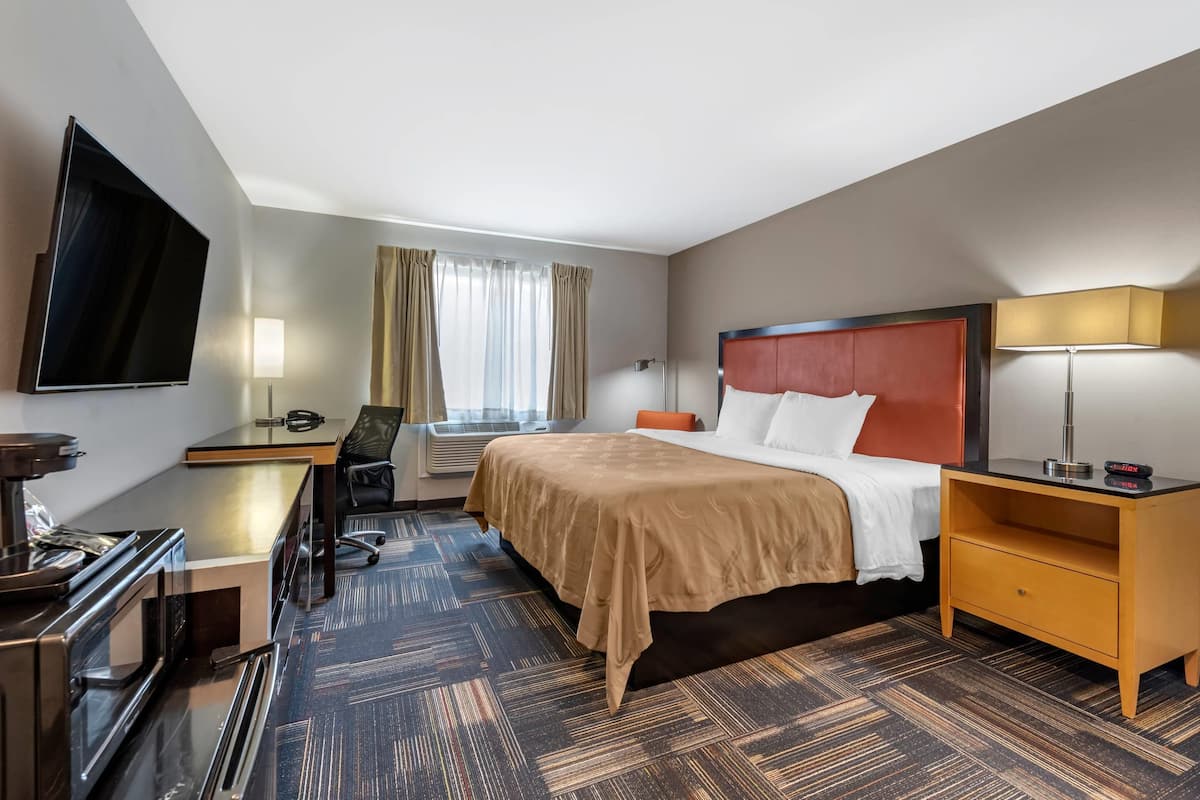 1 bedroom, desk, blackout curtains, iron/ironing board