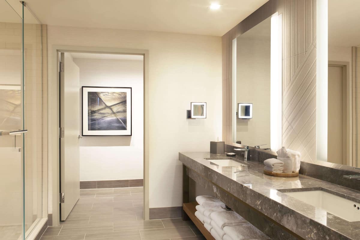 designer toiletries, hair dryer, towels