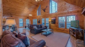 Cabin, 3 Bedrooms | Living room | TV - Happy Campers by Escape to Blue Ridge (Morganton)