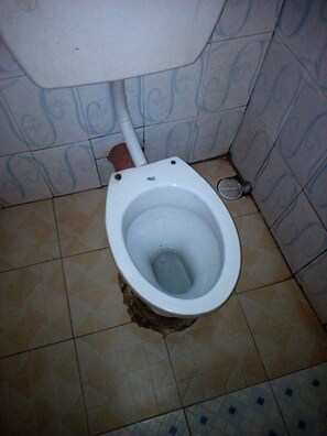 Des toilettes avec un abattant blanc et un motif bleu sur les carreaux du mur.