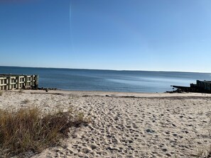 On the beach, sun loungers, beach towels