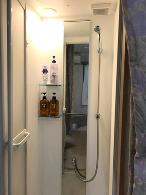 Bathroom features a shower with handheld showerhead and flexible hose, along with two shelves for toiletries.