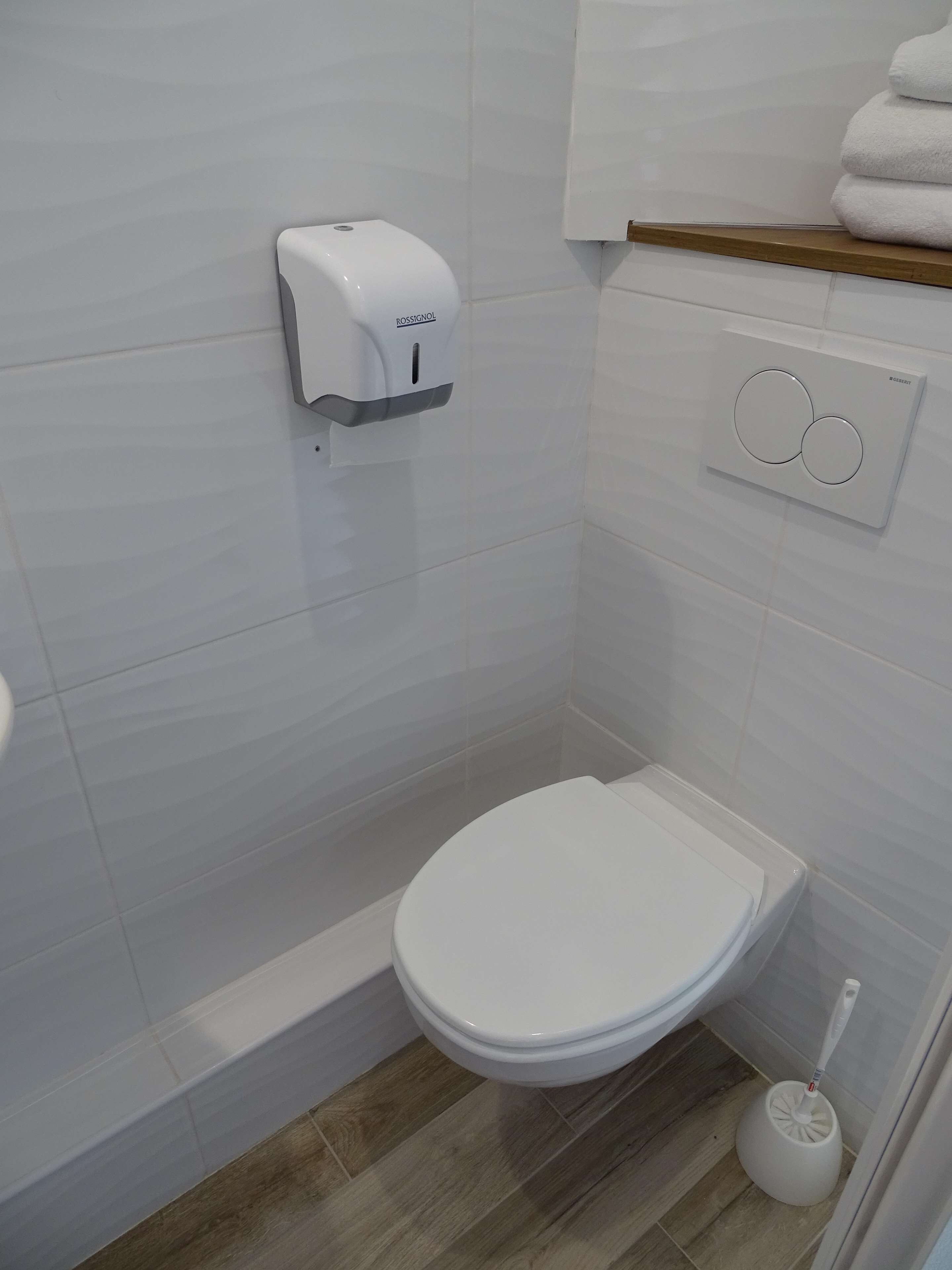 A modern bathroom with a toilet, a hand dryer, and a flush button.