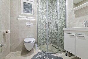 Shower, towels, shampoo, toilet paper