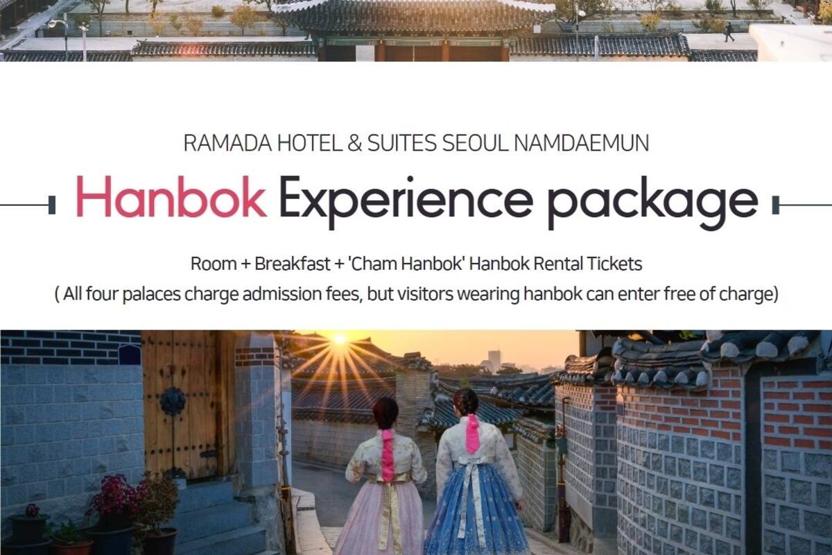 Paquete de experiencia Hanbok en Ramada Hotel & Suites Seúl Namdaemun, incluye habitación, desayuno y entradas para el alquiler de Hanbok.