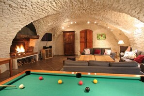 TV, fireplace, foosball, music library