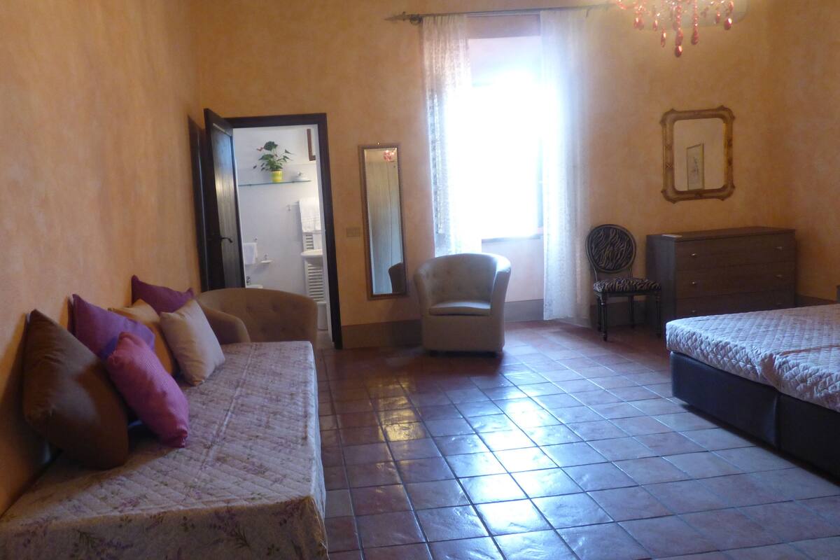 A room with a bed, a sofa, a chair, a dresser, and a mirror.