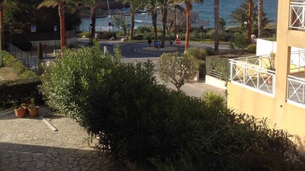 A coastal view with palm trees, a paved area, and a building with a balcony. - PORTISSOL T2 TERRACES SEA VIEW 100M BEACH (Sanary-sur-Mer)