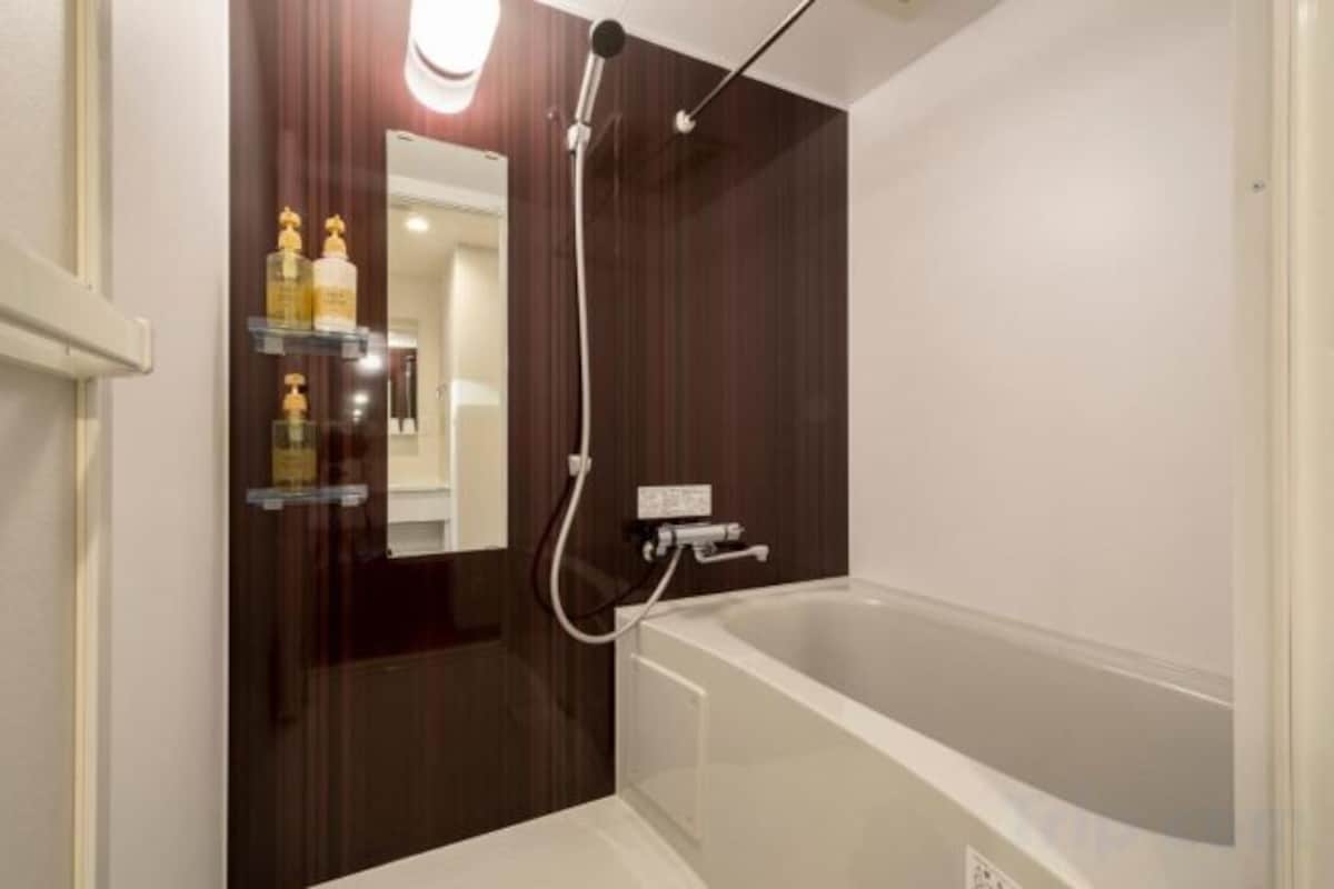 Separate tub and shower, free toiletries, hair dryer, slippers